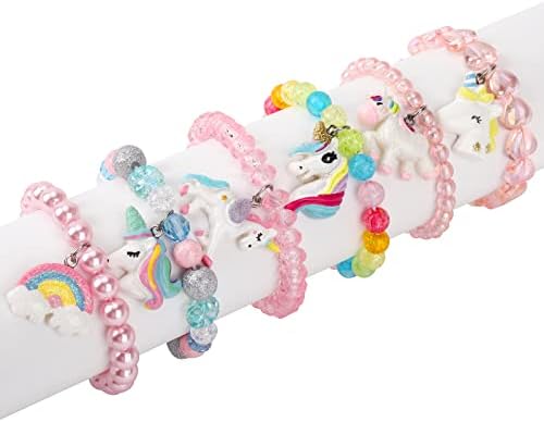 Set Of 6 Unicorn Rainbow Bracelets Little Girl Animal Bracelets Teens Kids Unicorn Pendant Beaded Bracelet Girl Party Favor Pretend Play Bracelet