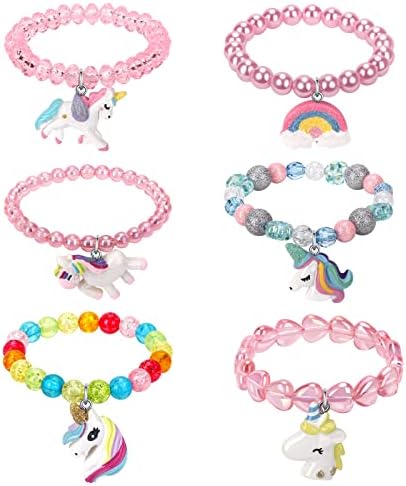 Set of 6 Unicorn Rainbow Bracelets Little Girl Animal Bracelets Teens Kids Unicorn Pendant Beaded Bracelet Girl Party Favor Pretend Play Bracelet