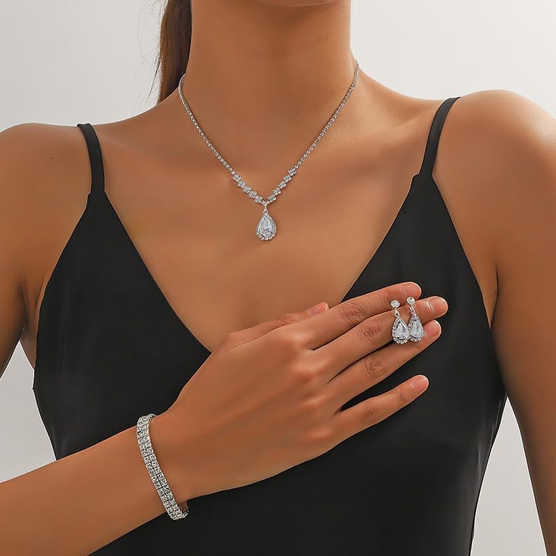 Silver/Gold Rhinestone Crystal Wedding Bridal Bridesmaids Earrings Bracelet Set For Women Brides Bridesmaids Crystal Rhinestone Bracelet Earrings Set For Wedding Bridal Prom Pageant