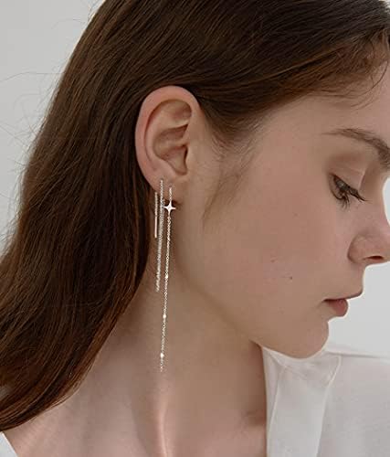 SLUYNZ 925 Sterling Silver Star Long Dangle Earrings Chain For Women Teens Line Dangle Earrings Tassel Threader Chain