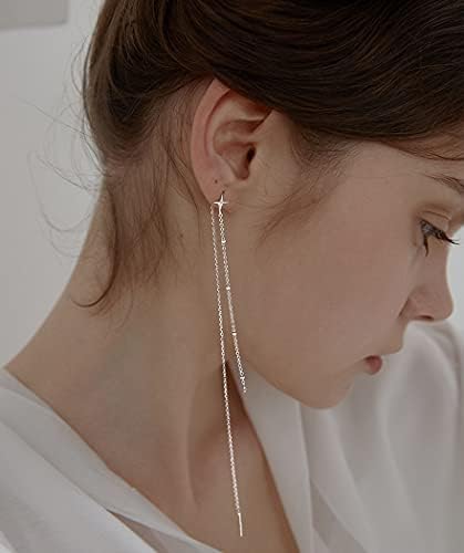 SLUYNZ 925 Sterling Silver Star Long Dangle Earrings Chain For Women Teens Line Dangle Earrings Tassel Threader Chain