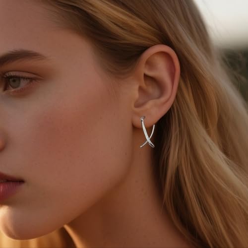 SLUYNZ 925 Sterling Silver X Hoop Earrings For Women Teens Minimalist Hoop Earrings Huggie