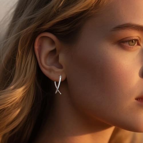 SLUYNZ 925 Sterling Silver X Hoop Earrings For Women Teens Minimalist Hoop Earrings Huggie