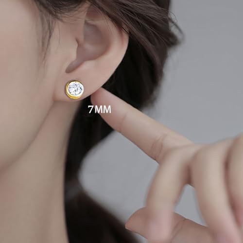 SLUYNZ Sterling Silver Bezel CZ Earrings Stud For Women Teen Girls Round Simulated Diamond Stud Earrings Round CZ Stud Earrings 5MM/6MM/7MM