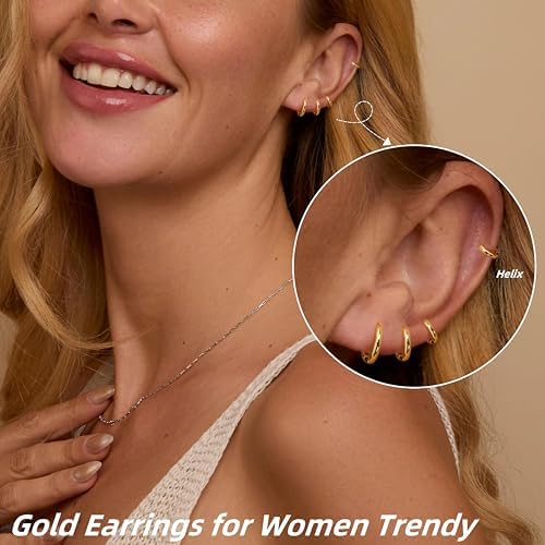 Small Gold Huggie Hoop Earrings Set For Women 14K Gold Plated Hypoallergenic Lightweight Earrings For Sensitive Ears Everyday Earrings Sets For Multiple Piercing Cartilage Hoop Earrings Stack Jewelry