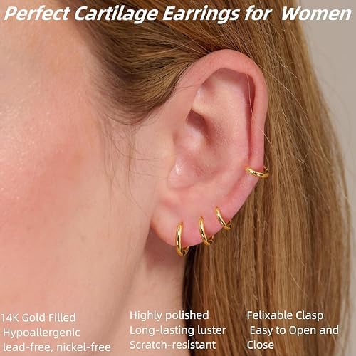 Small Gold Huggie Hoop Earrings Set For Women 14K Gold Plated Hypoallergenic Lightweight Earrings For Sensitive Ears Everyday Earrings Sets For Multiple Piercing Cartilage Hoop Earrings Stack Jewelry