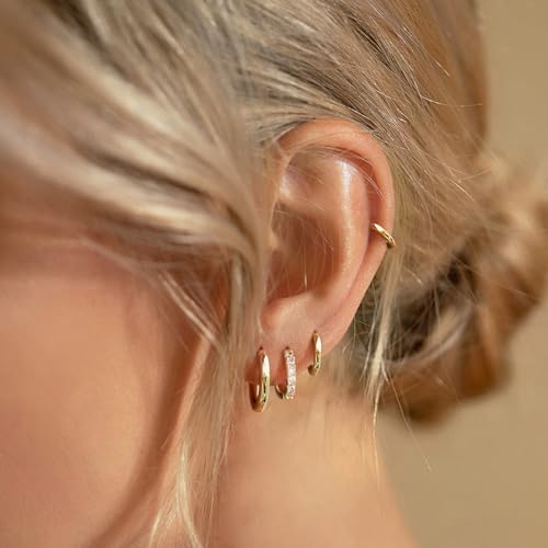 Small Gold Huggie Hoop Earrings Set For Women Men Hypoallergenic 14K Plated Stack Cartilage Earrings Multiple Piercing Lightweight Mini Thin Cute Dainty Trendy Jewelry Set Gifts For Women