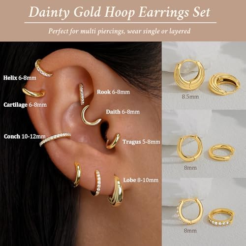 Small Sterling Silver Huggie Hoop Earrings Set For Women Hypoallergenic 14K Gold Plated Hoops Stacks For Multiple Piercings Dainty Cute Mini Lightweight Cartilage Studs Trendy Jewelry Gift