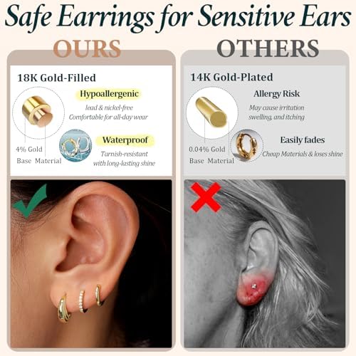 Small Sterling Silver Huggie Hoop Earrings Set For Women Hypoallergenic 14K Gold Plated Hoops Stacks For Multiple Piercings Dainty Cute Mini Lightweight Cartilage Studs Trendy Jewelry Gift