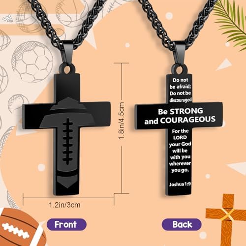 Soccer Baseball Basketball Football Cross Necklace For Boys Men Inspirational Bible Verse Cross Pendant Black Stainless Steel Chain Chain 22+2 Inch Religious Sports Jewelry Gift