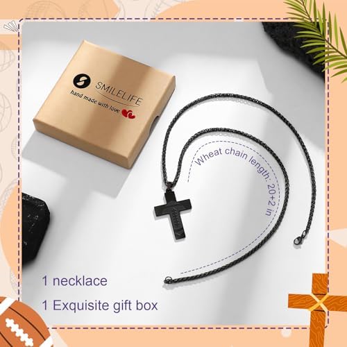 Soccer Baseball Basketball Football Cross Necklace For Boys Men Inspirational Bible Verse Cross Pendant Black Stainless Steel Chain Chain 22+2 Inch Religious Sports Jewelry Gift