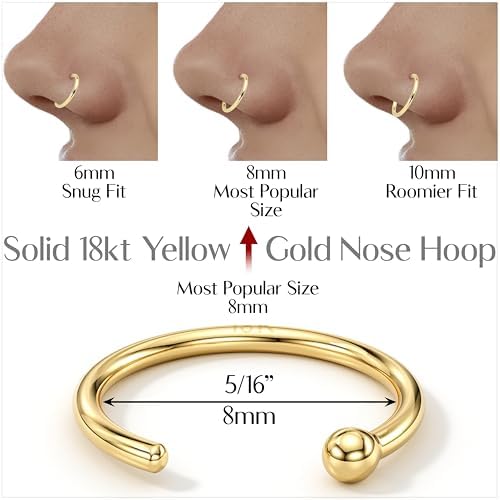 Solid 18k Gold Nose Hoop Nose Ring Real Gold Hypoallergenic Nose Piercing Jewelry - Handmade In USA By Master Jeweler 20 Gauge 5/16"