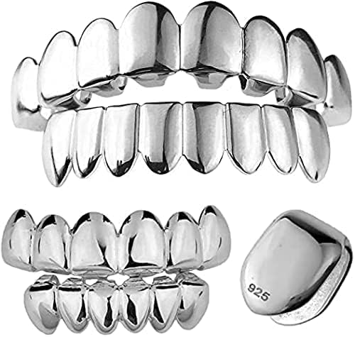 Solid 925 Sterling Silver Grillz - BEST 6 Or 8 Tooth Or Single Caps/Top & Bottom Grills For Teeth - Real Solid Silver Fronts Don't Change Color