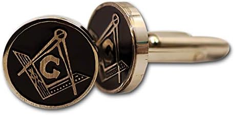 Square & Compass Round Masonic Cuff Link Pair - [Silver & Black][5/8'' Diameter]