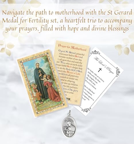 St Gerard Medal For Fertility - Laminated St Gerard Prayer Card The Lord's Prayer - Small St Gerard Medal For Pregnancy - St Gerard Majella Medal Patron Saint Of Mothers Children Theme Set -3 Items