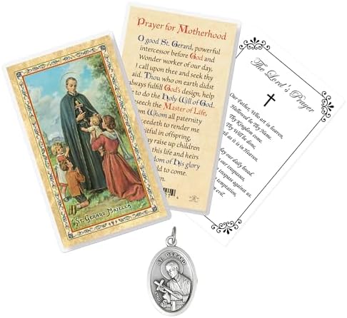 St Gerard Medal For Fertility - Laminated St Gerard Prayer Card The Lord's Prayer - Small St Gerard Medal For Pregnancy - St Gerard Majella Medal Patron Saint of Mothers Children Theme Set -3 Items