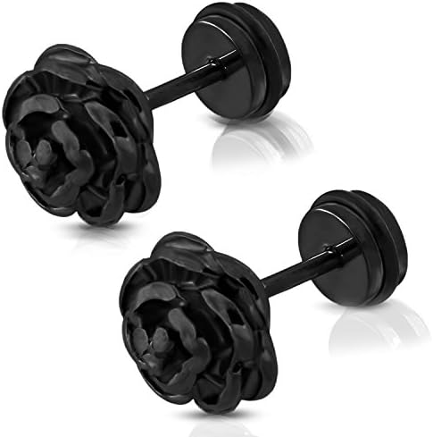 Stainless Steel Rose Flower Floral Faux Fake Cheater Ear Plugs Gauge Pair