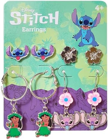 Stitch Hypoallergenic Earrings for Girls Stud & Fishhook Drop Sets with Charms One Size Fits All Stitch Jewelry Disney Accessories Ages 4+