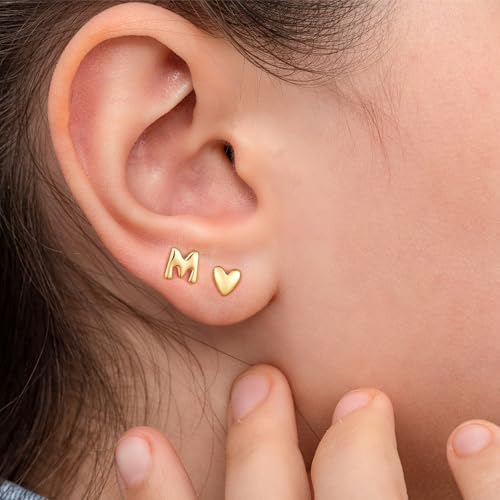 Stud Earrings For Girls Gifts - 2 Pairs S925 Sterling Silver Post Real Gold Plated Heart Initial Stud Earrings For Girls Teen Girl Gifts Hypoallergenic Earring For Women Jewelry
