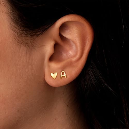 Stud Earrings For Girls Gifts - 2 Pairs S925 Sterling Silver Post Real Gold Plated Heart Initial Stud Earrings For Girls Teen Girl Gifts Hypoallergenic Earring For Women Jewelry