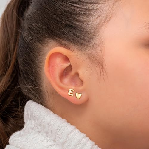Stud Earrings For Girls Gifts - 2 Pairs S925 Sterling Silver Post Real Gold Plated Heart Initial Stud Earrings For Girls Teen Girl Gifts Hypoallergenic Earring For Women Jewelry
