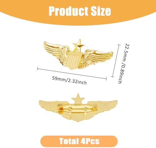 SUPERFINDINGS 4Pcs Wings Pin Alloy Gold Wing Pilot Badge 2.32'' Costume Lapel Pins Brooch Air Force Wing Pins Metal Aviator Wings Pin For Hat Shirt Uniform Pilot Costume