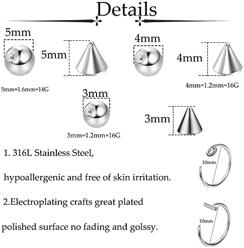 TEN MIRO Fake Eyebrow Ring Fake Lip Labret Studs Replacement Balls Spike With 100Pcs Sticker Non-Piercing Nose Rings Hoop Body Jewelry Skin 3MM 4MM 5MM(Silver)