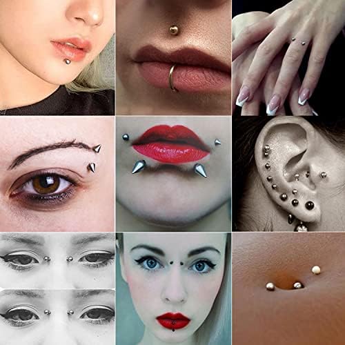 TEN MIRO Fake Eyebrow Ring Fake Lip Labret Studs Replacement Balls Spike With 100Pcs Sticker Non-Piercing Nose Rings Hoop Body Jewelry Skin 3MM 4MM 5MM(Silver)