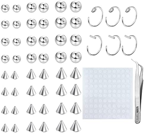 TEN MIRO Fake Eyebrow Ring Fake Lip Labret Studs Replacement Balls Spike with 100Pcs Sticker Non-Piercing Nose Rings Hoop Body Jewelry Skin 3MM 4MM 5MM(Silver)