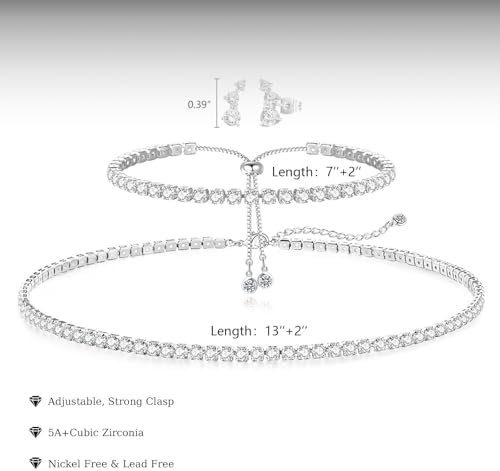 Tennis Necklace Bracelet For Women Dainty Sterling Sliver Choker Necklace Crystal Link Bracelet Stud Earrings For Women Wedding Jewelry For Bride Jewelry Set Accessories