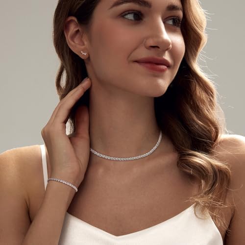 Tennis Necklace Bracelet For Women Dainty Sterling Sliver Choker Necklace Crystal Link Bracelet Stud Earrings For Women Wedding Jewelry For Bride Jewelry Set Accessories