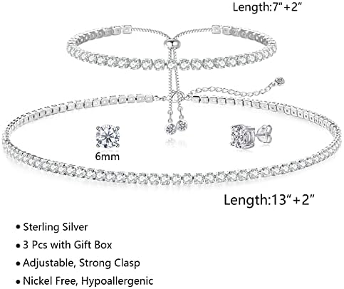 Tennis Necklace Bracelet For Women Sterling Sliver Dainty Chocker Necklace Crystal Bracelet For Women Wedding Jewelry For Bride Sparkly Party Prom Hypoallergenic