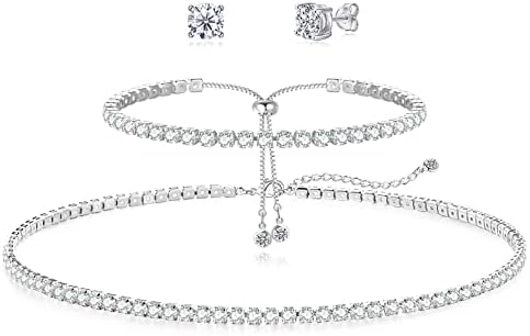 Tennis Necklace Bracelet for Women Sterling Sliver Dainty Chocker Necklace Crystal Bracelet for Women Wedding Jewelry for Bride Sparkly Party Prom Hypoallergenic