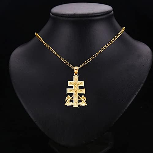TGDJ 14K Yellow Gold Religious Cross Of Caravaca Pendant - Crucifix Charm Polish Finish - Handmade Spiritual Symbol - Fine Jewelry - Unisex - 27 X 19 Mm 2.1 Gms