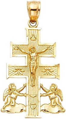 TGDJ 14K Yellow Gold Religious Cross of Caravaca Pendant - Crucifix Charm Polish Finish - Handmade Spiritual Symbol - Fine Jewelry - Unisex - 27 x 19 mm 2.1 gms