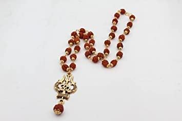 The Great Indian Store Original Rudraksha Mala Golden Om Trishul Damru Pendant Religious Locket For Men And Women Pack Of 1