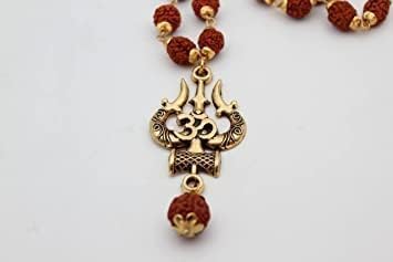 The Great Indian Store Original Rudraksha Mala Golden Om Trishul Damru Pendant Religious Locket For Men And Women Pack Of 1