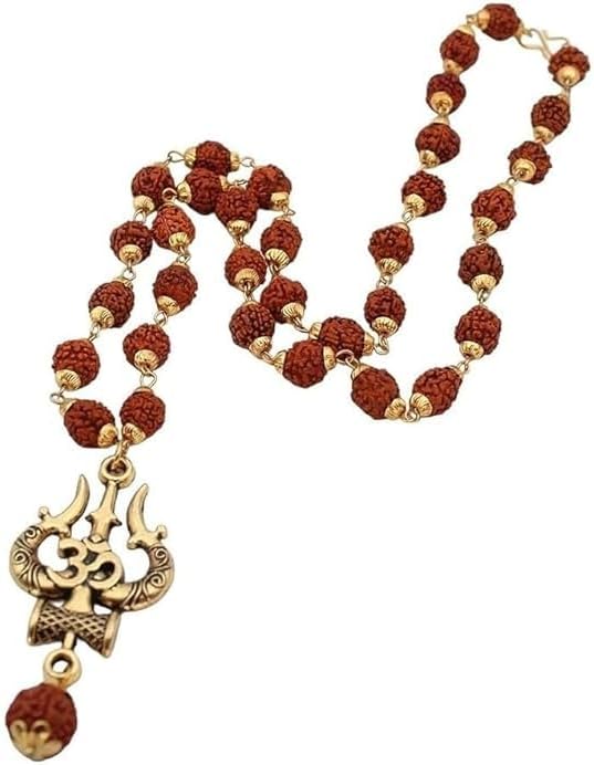 The Great Indian Store Original Rudraksha Mala Golden Om Trishul Damru Pendant Religious Locket for Men and Women Pack of 1