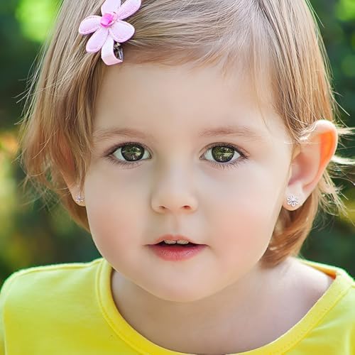 Toddler Earrings For Girls Push-in Titanium Hypoallergenic Threadless Flat Back Earrings For Women Sensitive Ears Cartilage Cute Small Pearl Star Flower Heart Pink Cubic Zirconia Studs