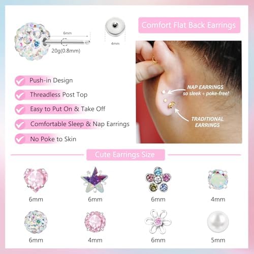 Toddler Earrings For Girls Push-in Titanium Hypoallergenic Threadless Flat Back Earrings For Women Sensitive Ears Cartilage Cute Small Pearl Star Flower Heart Pink Cubic Zirconia Studs