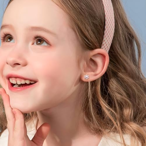Toddler Earrings For Girls Push-in Titanium Hypoallergenic Threadless Flat Back Earrings For Women Sensitive Ears Cartilage Cute Small Pearl Star Flower Heart Pink Cubic Zirconia Studs