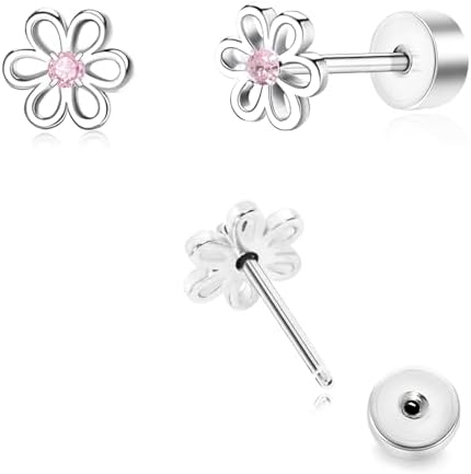 Toddler Earrings for Girls Push-in Titanium Hypoallergenic Threadless Flat Back Earrings for Women Sensitive Ears Cartilage Cute Small Pearl Star Flower Heart Pink Cubic Zirconia Studs