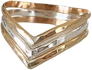 TOE RINGS & THINGS Triple Chevron 14k Gold Fill and Sterling Silver Ring Three Bonded Bands in Textured Mixed Metal Unisex Sizes 5-12 Thumb Index or Finger Ring