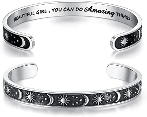 TONY & SANDY Inspirational Bracelets for Women Teen Girls Personalized Gifts for Daughter Granddaughter Mom Sister Friends Stainless Steel Engraved Cuff Birthday Easter Christmas