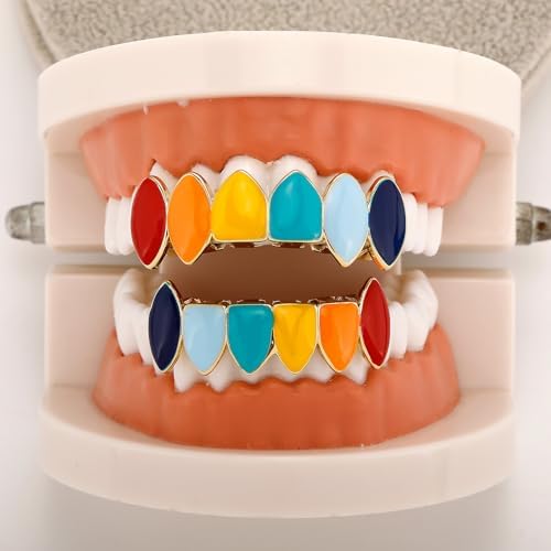 TOPGRILLZ Vampire Teeth Grillz For Men And Women – 14K Gold Plated Colorful Fangs Grills For Your Teeth Grillz Teeth Men Hip Hop Costume Jewelry Accessories