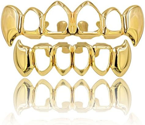 TOPGRILLZ Vampire Teeth Grillz Grills for Your Teeth 14K Gold Plated Vampire Fangs Open Face Gold Grillz for Men Women Hip Hop Cosplay Rapper Costume Accessory (Extra 2 Molding Bars)
