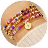 Turandoss 4PCS Colorful Beaded Initial Bracelets for Women Teen Girls - Cute Stretch Beaded Bohemian Disc Initial A-Z Stackable Bracelets Jewelry for Girls Women Teens Birthday Gifts
