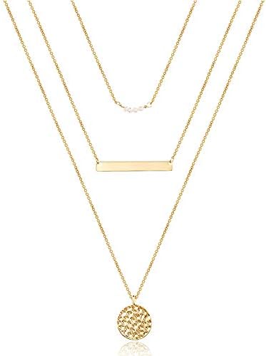 Turandoss Dainty Layered Choker Necklace Handmade Y Pendant Necklace Multilayer Bar Disc Necklace Adjustable Layering Choker Necklaces for Women