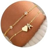 Turandoss Initial Bracelets for Women - Heart Letter A-Z Charm Bracelet Stack 14k-Gold-Plated Mom Daughter Jewelry Birthday Gifts for Women Girls