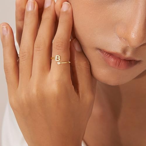 Turandoss Rings For Women Girls - Non Tarnish Dainty 14K Gold Plated Adjustable Letter Rings For Women Teen Girls Stackable Cute Thumb Pinky Fashion Unique Open Simple Birthday Gifts Jewelry
